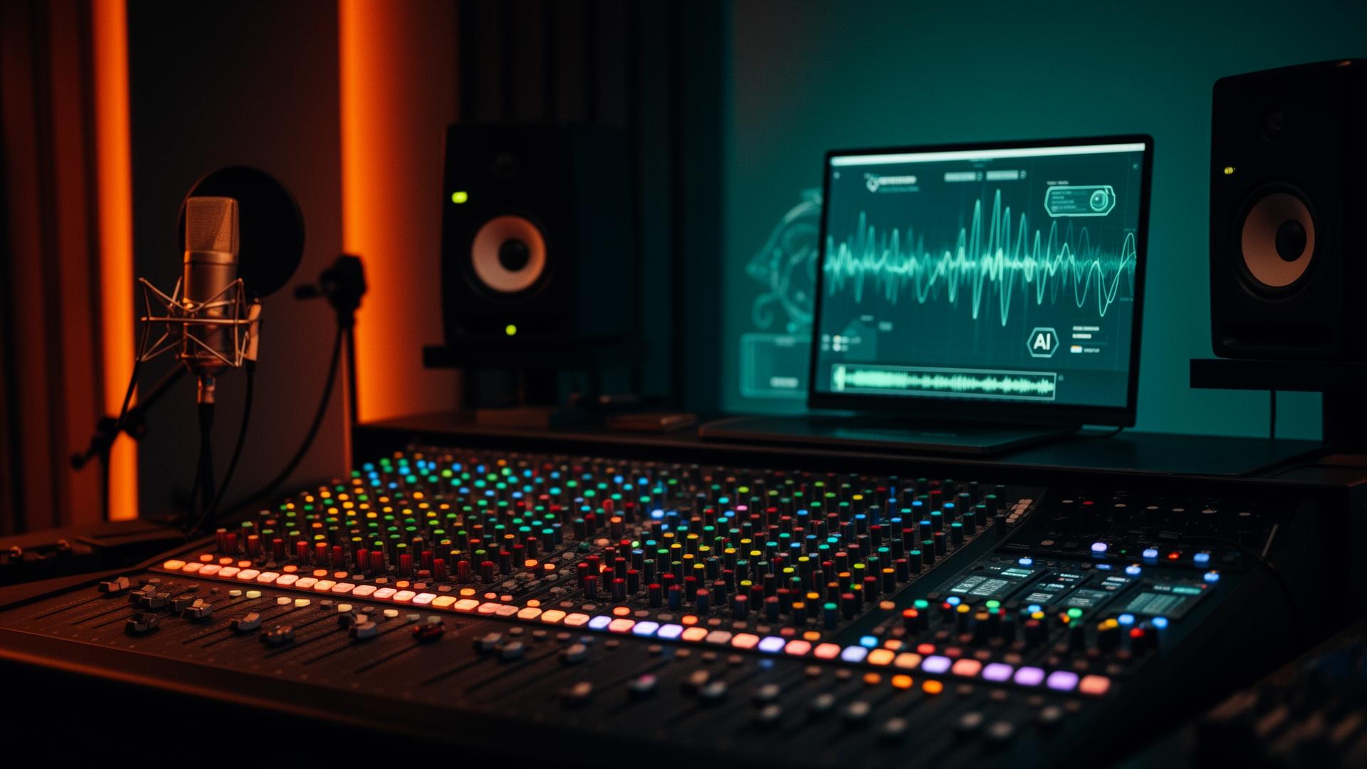 Studio di produzione musicale con mixer, microfono e schermo con onda audio AI